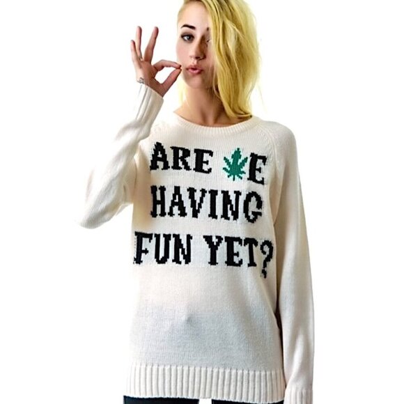 UNIF Are We Having Fun Yet Graphic Sweater Ivory Oversized Crewneck Pullover - Picture 3 of 11